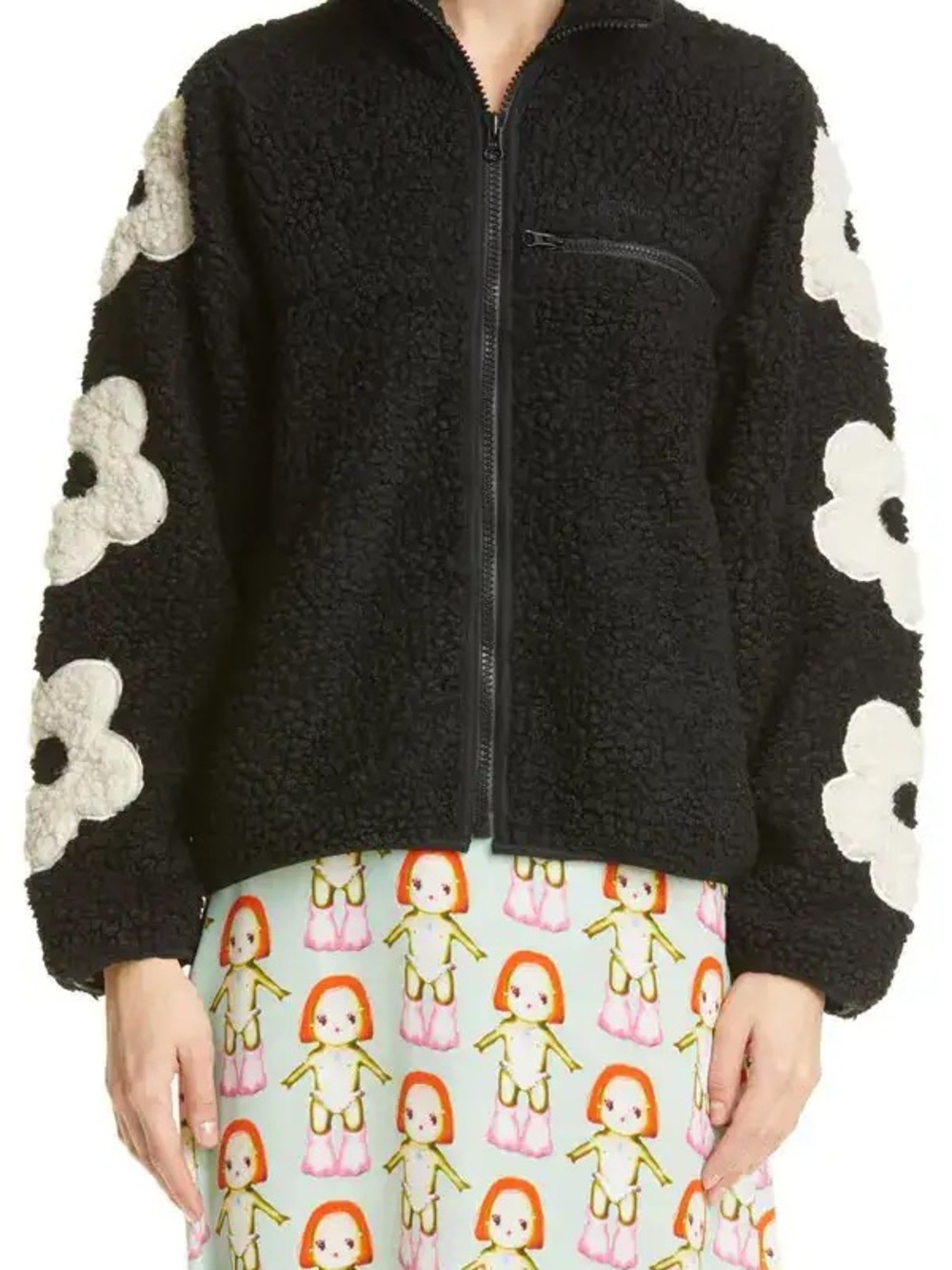 Sandy Liang Black and Ivory Wool High Pile Grass Flower Jacket in XS